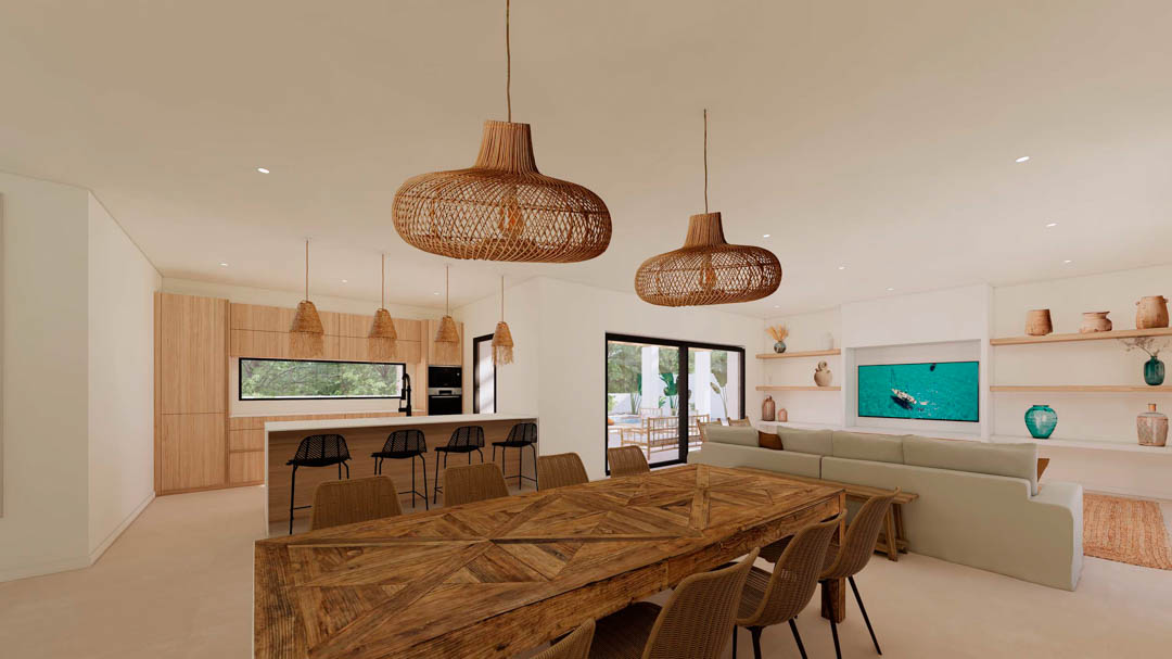 Open woon- en eetkamer met een rustieke houten tafel, natuurlijke rieten hanglampen en een moderne keuken met kookeiland en kamerhoge ramen.