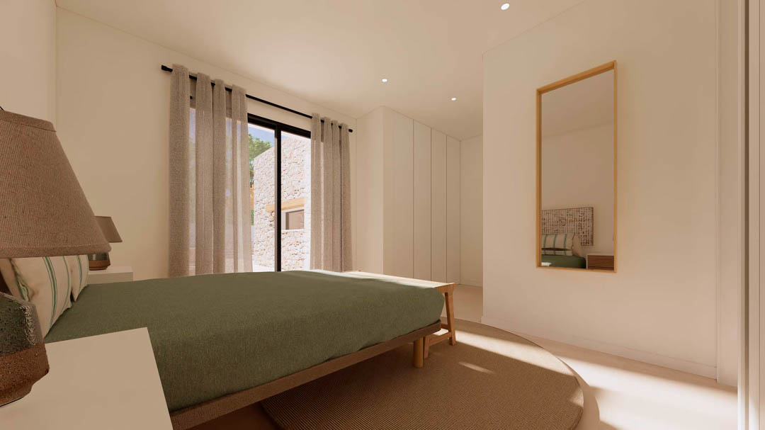 Slaapkamer in Ibiza-stijl met inbouwkasten, houten bed en kamerhoge ramen die uitkomen op een buitenruimte met traditionele natuurstenen muren.