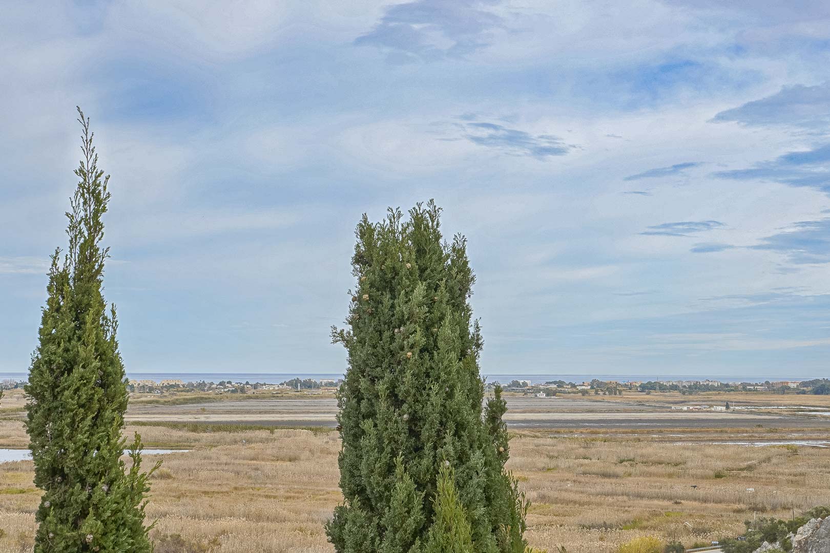Panoramisch uitzicht vanaf Monte Pego, met cipressen op de voorgrond en de kustlijn in de verte.