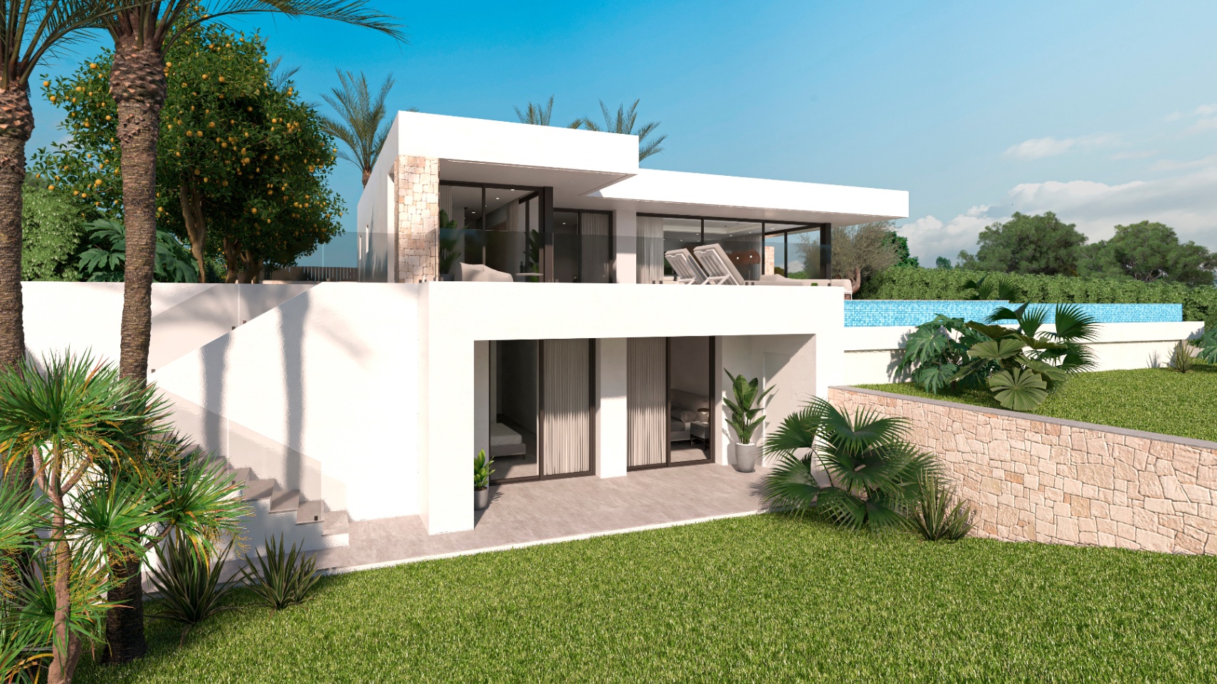 Exterieur van de villa met tuin, blauw zwembad en natuurstenen gevel.