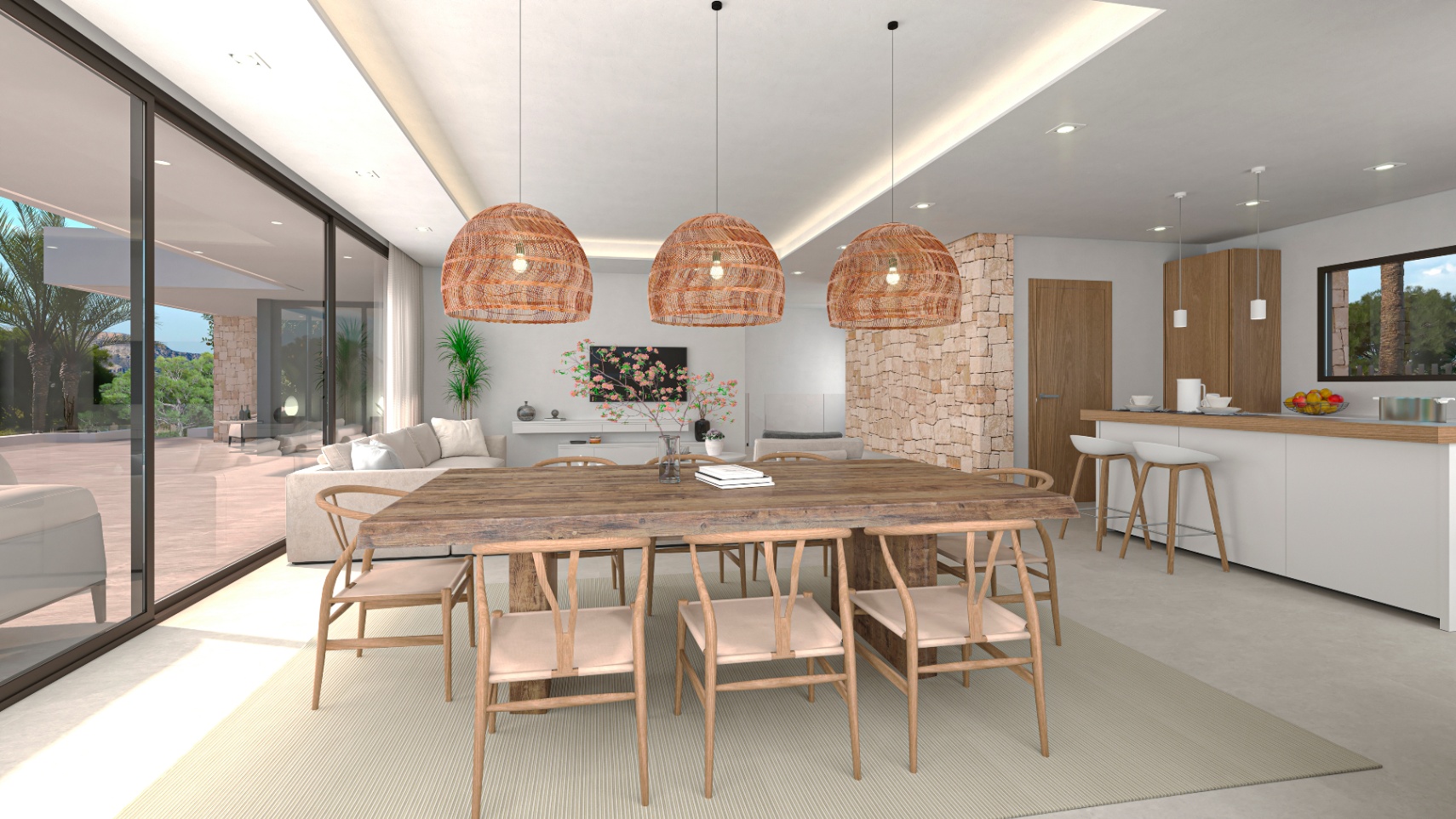 Lichte eetkamer met rustieke houten tafel en hanglampen van rotan. Uitgestrekt uitzicht naar buiten.