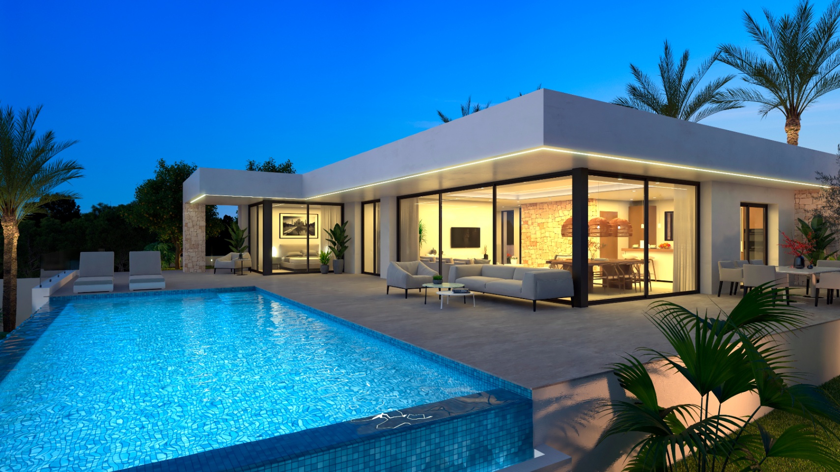 Nachtzicht op de villa met blauw mozaïekzwembad en terras met modern meubilair.