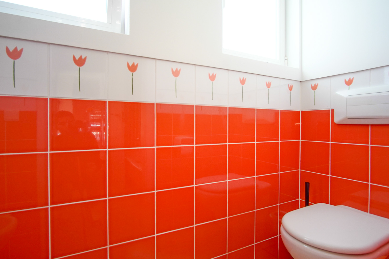 Deze badkamer heeft levendige oranje wandtegels en een decoratieve rand met tulpenmotieven. De ruimte is voorzien van een hangend toilet en veel natuurlijk licht.
