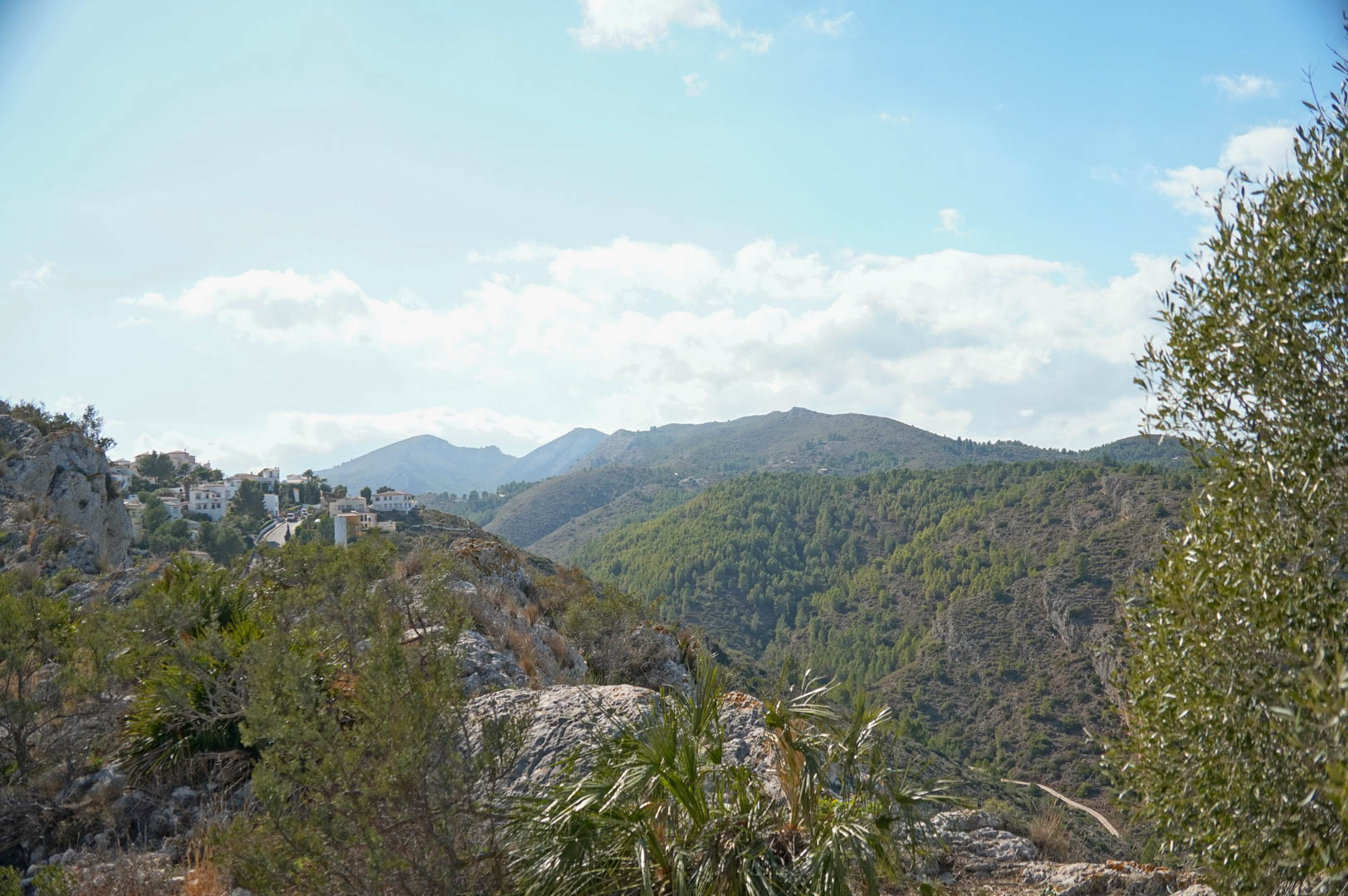 Panoramisch uitzicht op de omliggende bergen, met uitgestrekte dennenbossen en mediterrane villa's die perfect opgaan in het ruige landschap van Pedreguer.