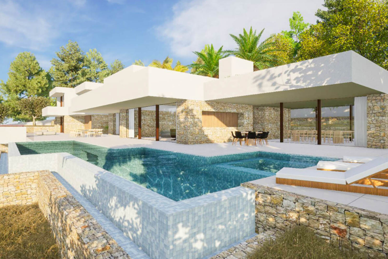 Externe weergave met overloopzwembad van mozaïek, natuurstenen muren en moderne architectuur in Ibiza-stijl omgeven door mediterrane beplanting.