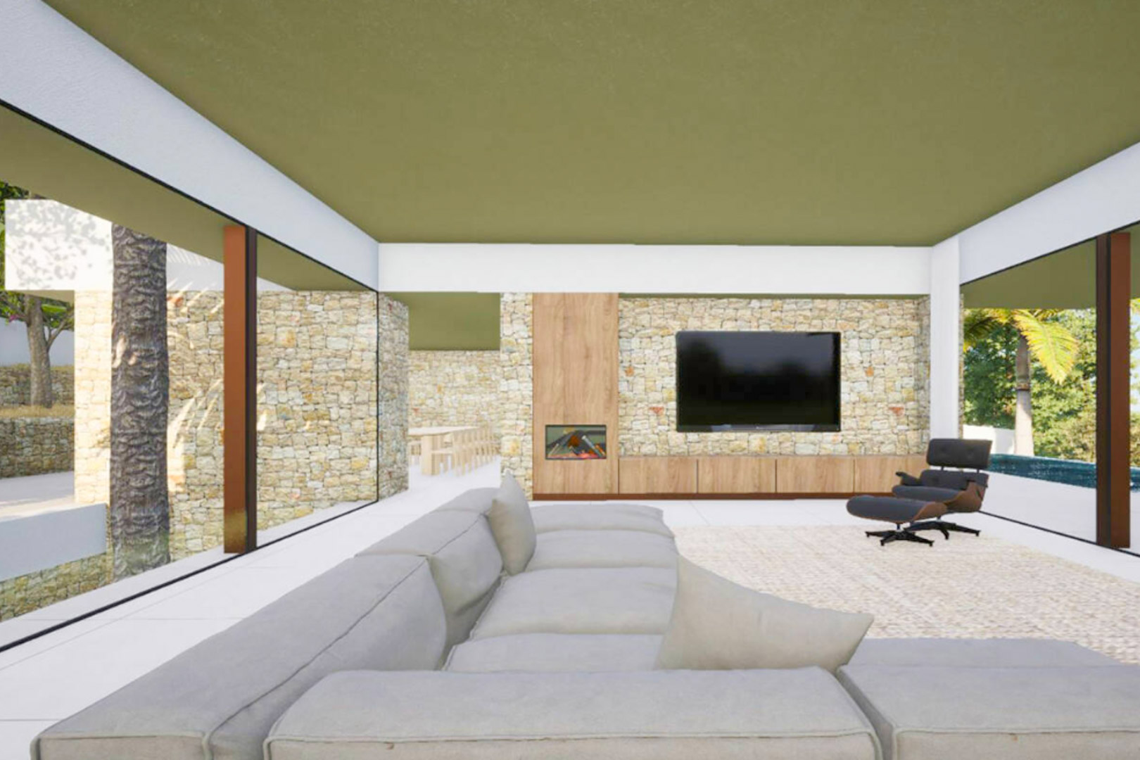 Moderne woonkamer met natuurstenen wand, geïntegreerde haard, designmeubilair en kamerhoge glazen wanden die uitkijken op de mediterrane tuin.