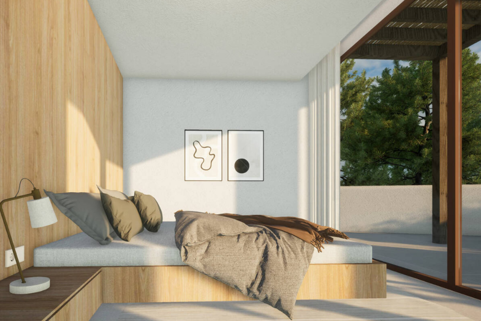 Lichte slaapkamer met lichte houten wand, grijs beddengoed en moderne kunst aan de muur.