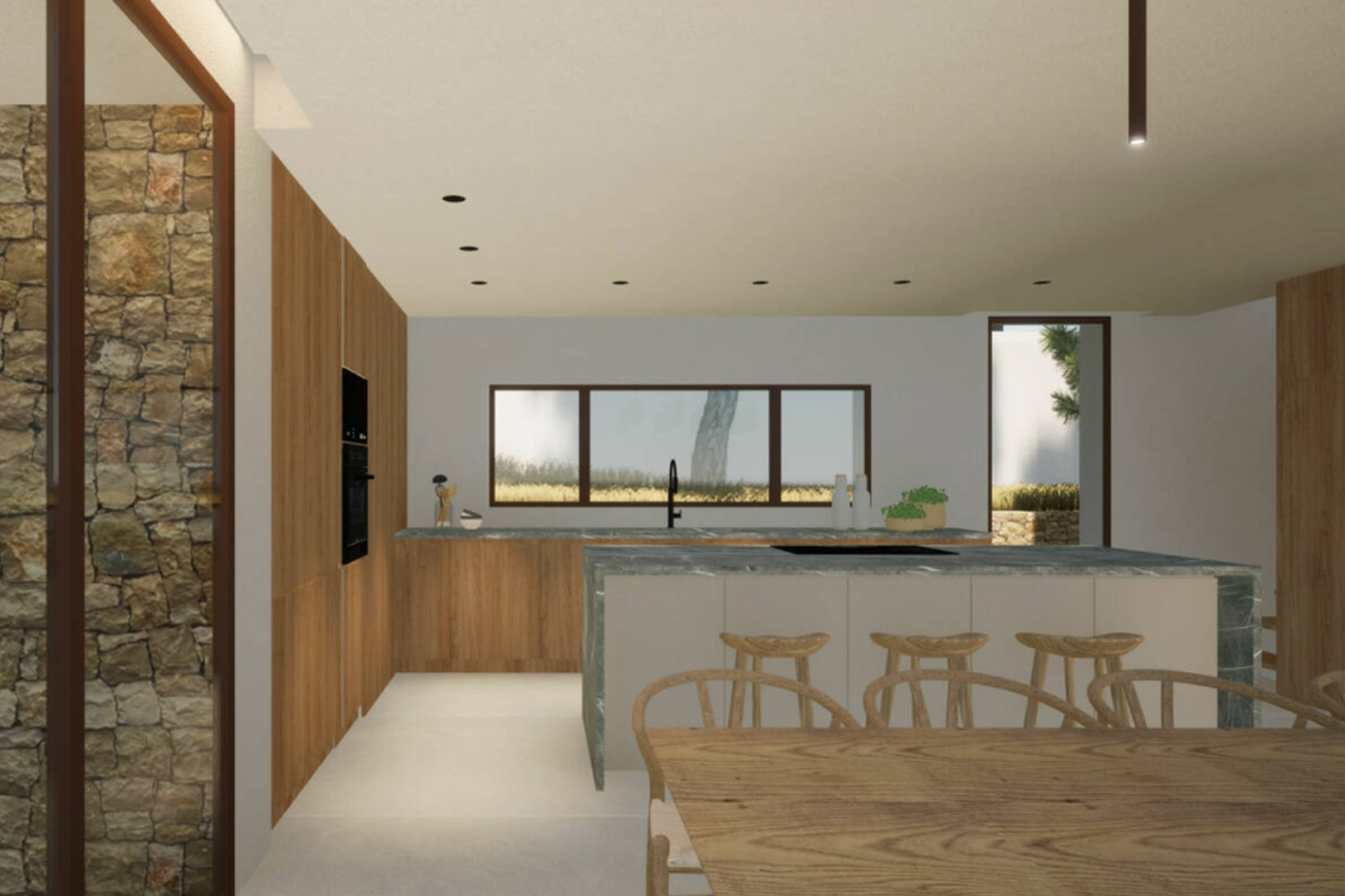 Moderne keuken met kookeiland, houten krukken en stenen aanrecht.