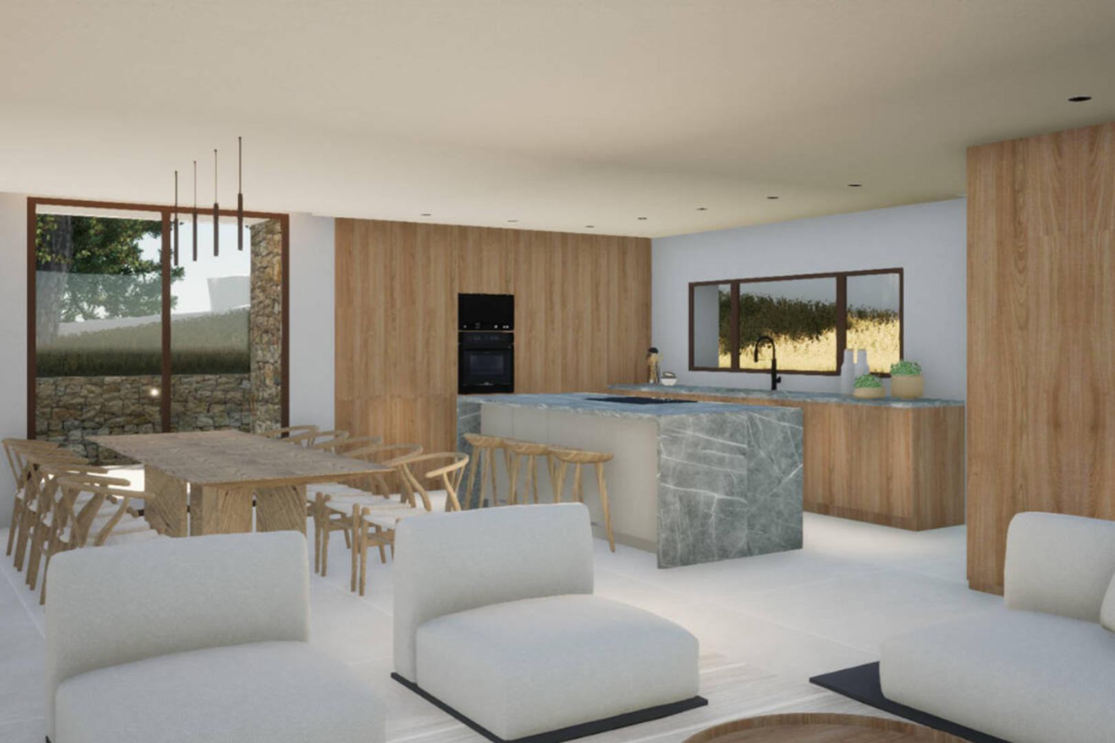 Ruime woon-eetkamer met een keukeneiland van geaderd steen en een lichte houten tafel met bijpassende stoelen.