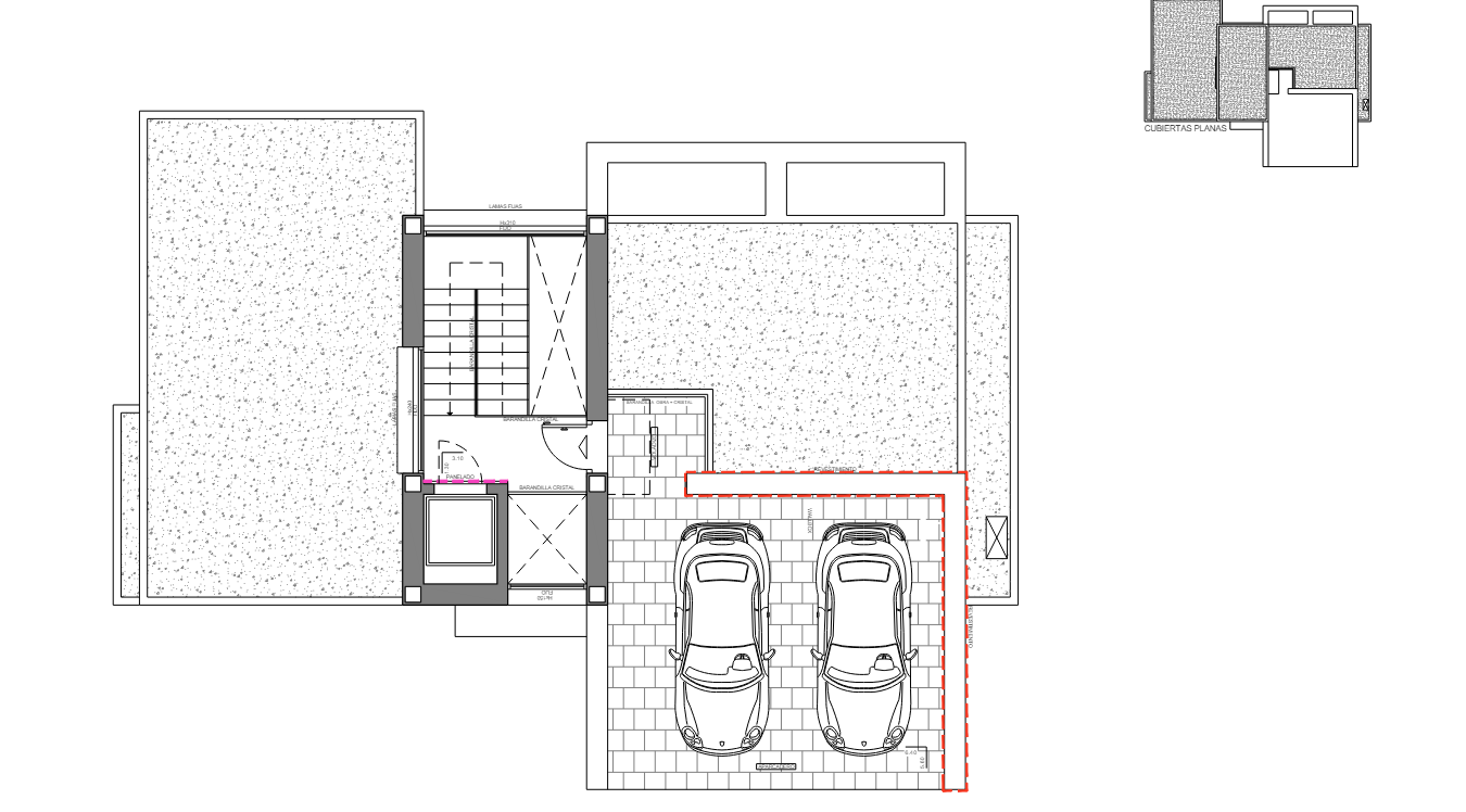 Architecturale plattegrond van de bovenverdieping met dubbele garage, de entreehal met lift en de indeling van de binnentrap.