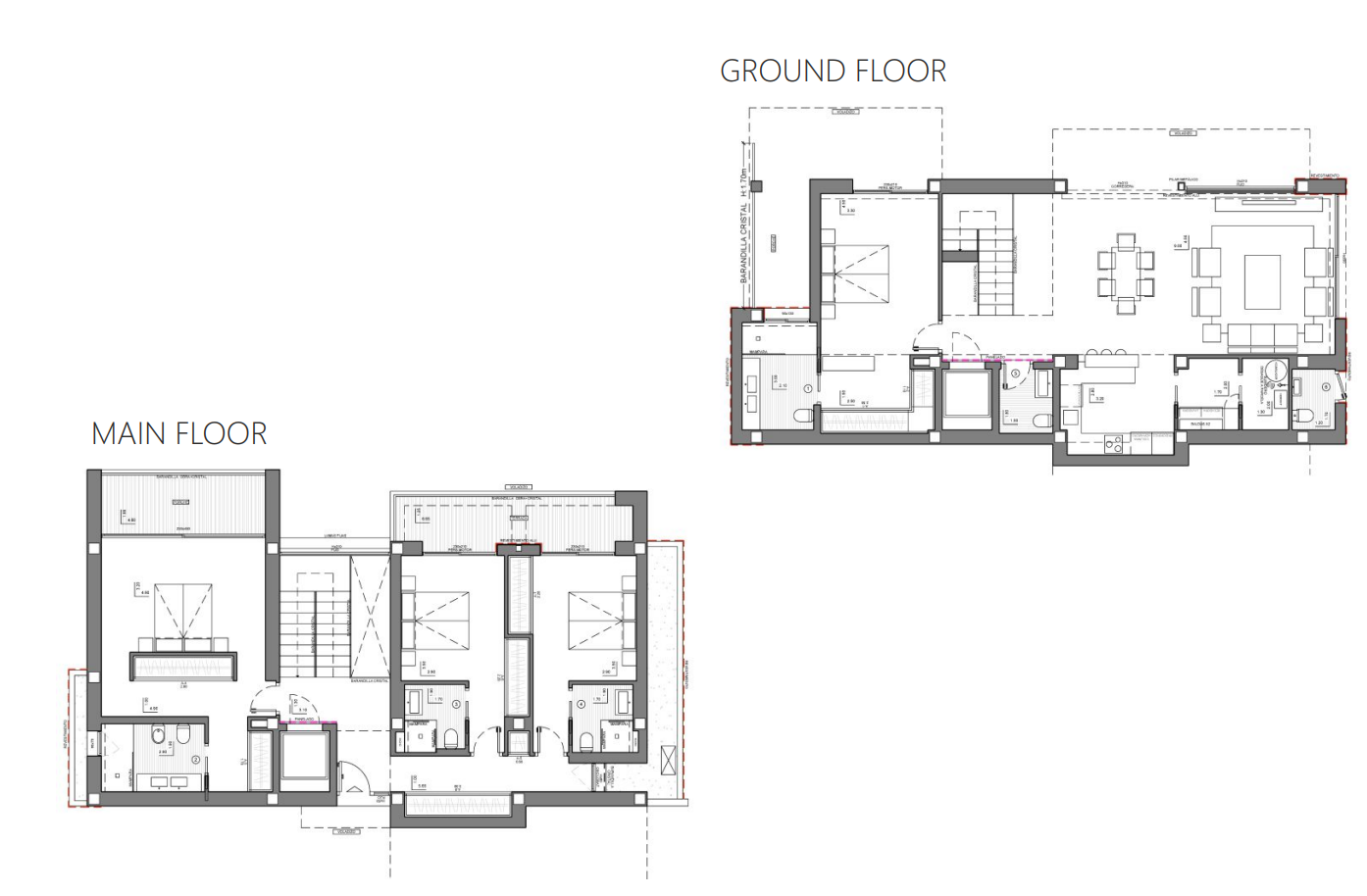 Gedetailleerde architectonische plattegronden van de hoofdverdieping en de begane grond, met de indeling van slaapkamers, en-suite badkamers en de open woonruimte.