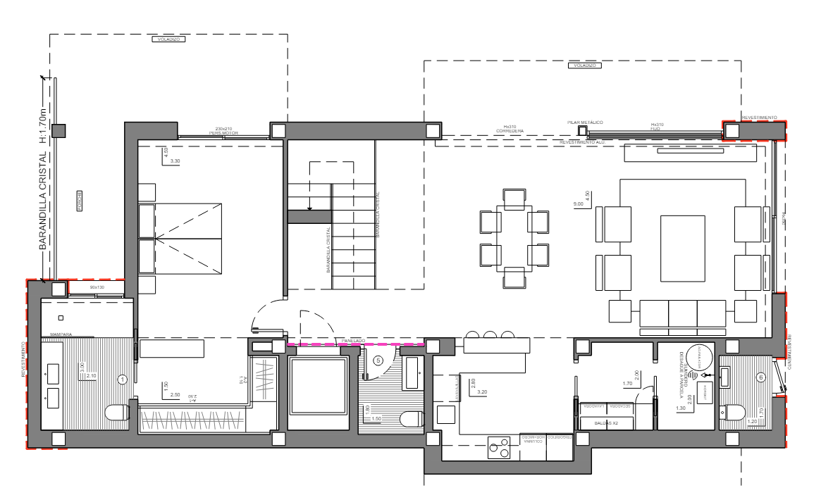 Gedetailleerde plattegrond van de begane grond met een open woon- en eetkamer, keuken met kookeiland, slaapkamer met en-suite badkamer en ruim terras.