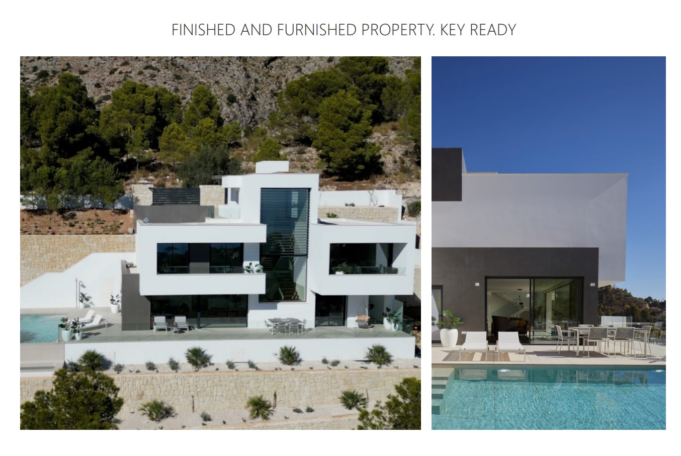 Moderne villa met drie verdiepingen, een geometrische gevel, overloopzwembad en ruime terrassen, geïntegreerd in de helling van de Sierra de Altea.