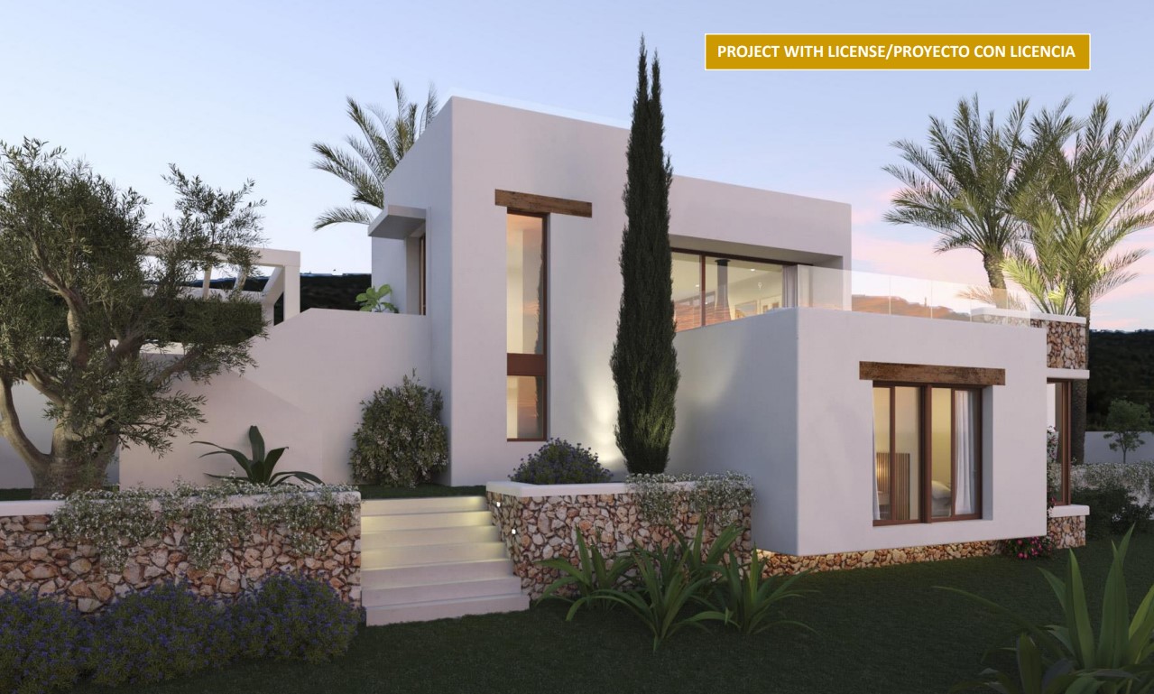 Exterieur in Ibiza-stijl met natuurstenen muren, houten lateien en verlichte trappen die de moderne architectuur verbinden met de mediterrane tuin.