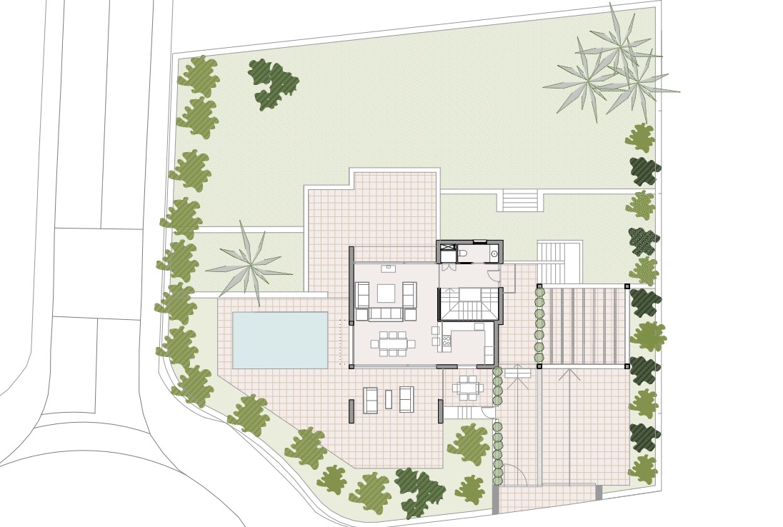 Gedetailleerd inrichtingsplan met de indeling van de begane grond, het privézwembad, de ruime terrassen en de parkeerplaats met pergola.