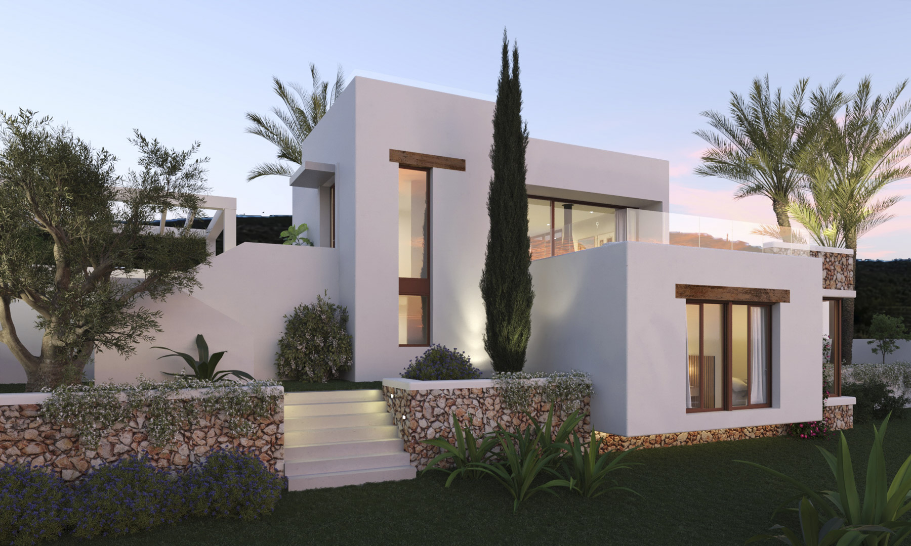 Gevel in Ibiza-stijl met droge stenen muren, houten details en een verlichte buitentrap die de verschillende niveaus van de mediterrane tuin verbindt.