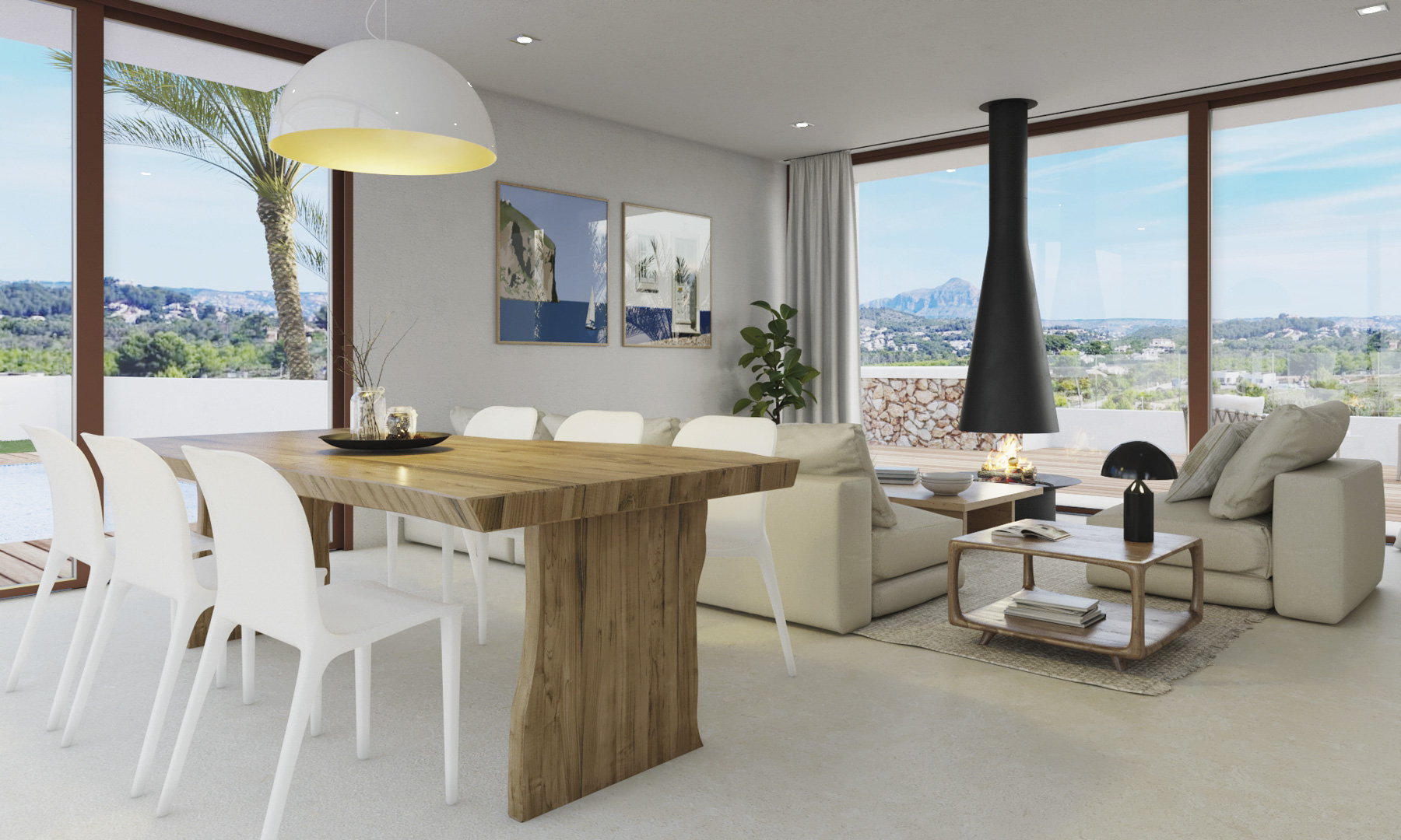 Open woon- en eetkamer met massief houten tafel, zwevende designhaard en kamerhoge ramen met uitzicht op de Montgó en de omgeving.