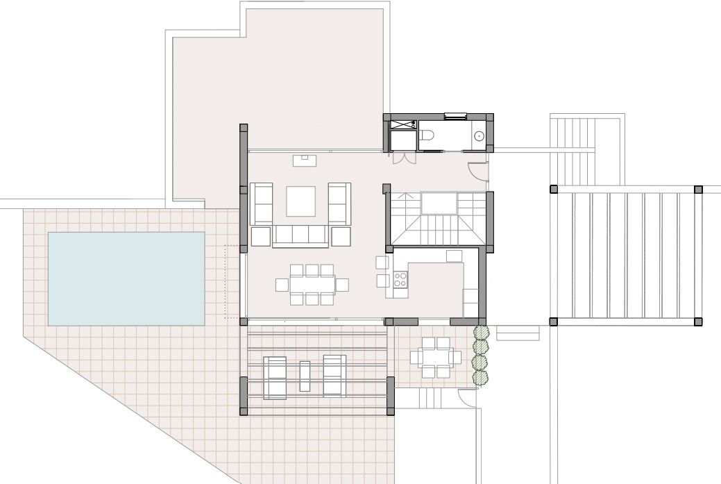 Technische plattegrond van de begane grond met de open indeling van de woonkamer, keuken en het buitengedeelte inclusief zwembad, terras en pergola.