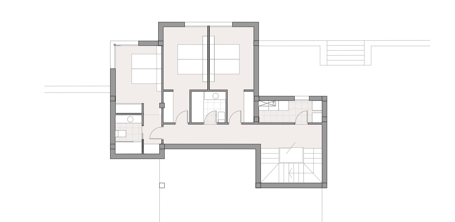 Technische plattegrond van de benedenverdieping met de indeling van drie tweepersoonsslaapkamers, twee badkamers en een functionele wasruimte.