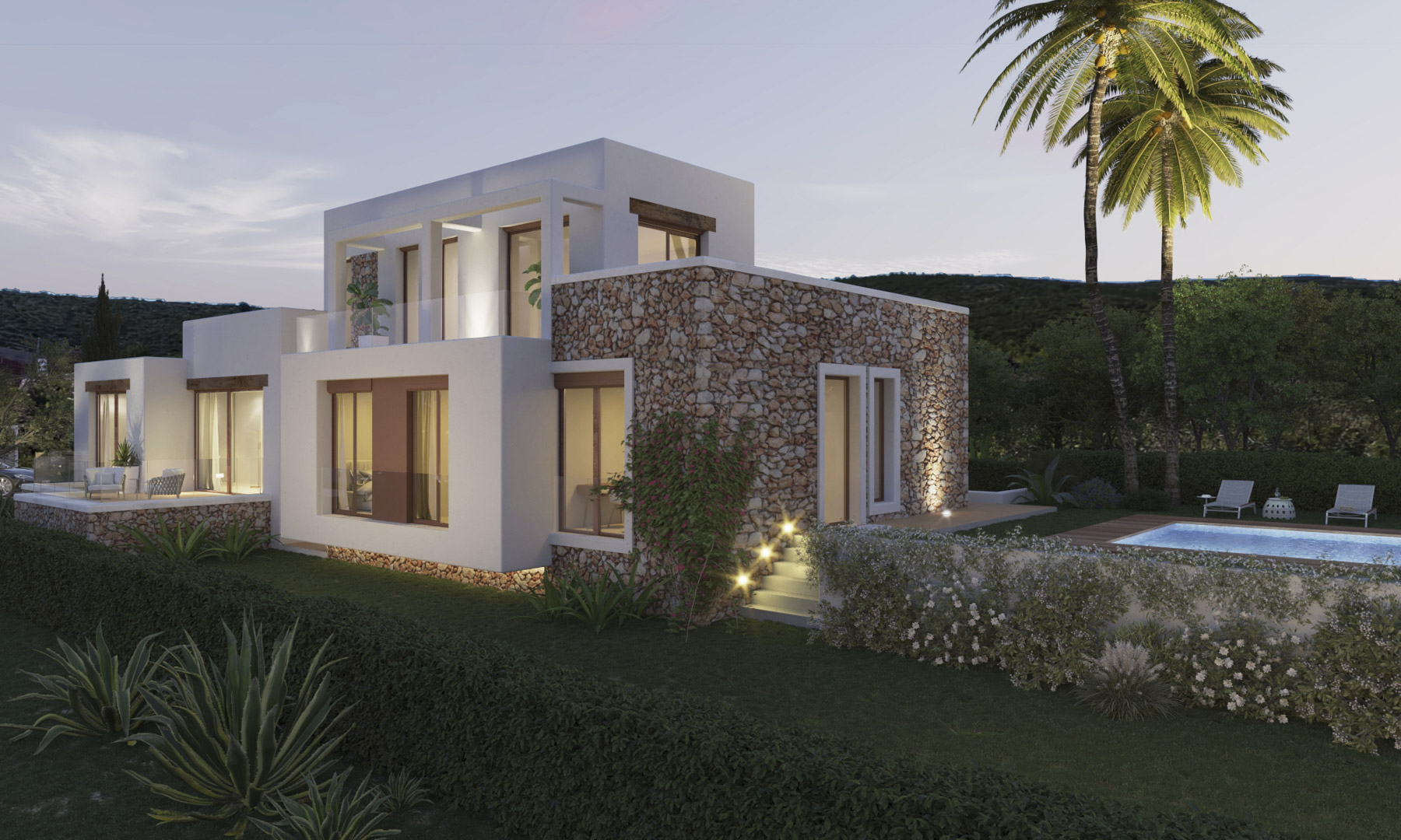 Exterieur in Ibizastijl met natuurstenen muren, witte gevels, grote raampartijen en een zwembad omgeven door een strak aangelegde mediterrane tuin met sfeerverlichting.