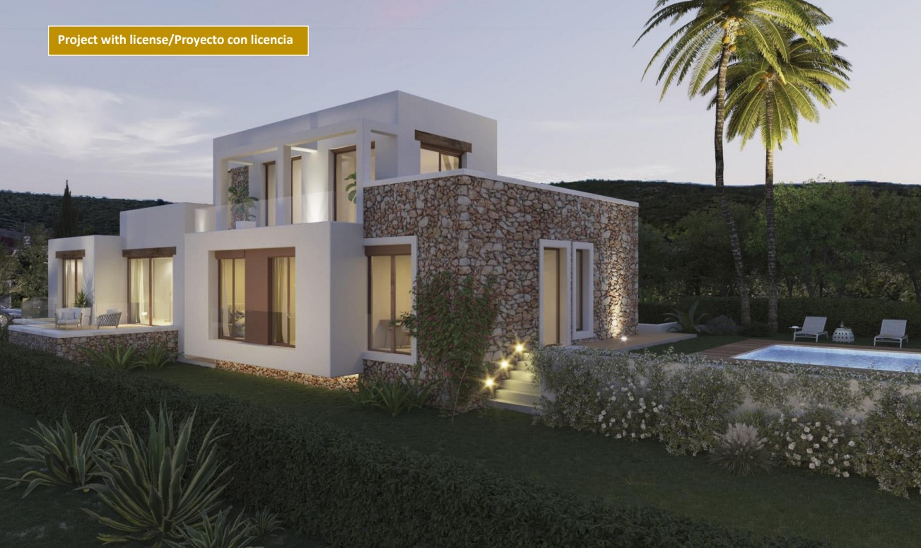 Externe weergave van de villa met natuurstenen muren, witte gevels, verlicht zwembad en terrassen op de bovenverdieping met glazen balustrades.