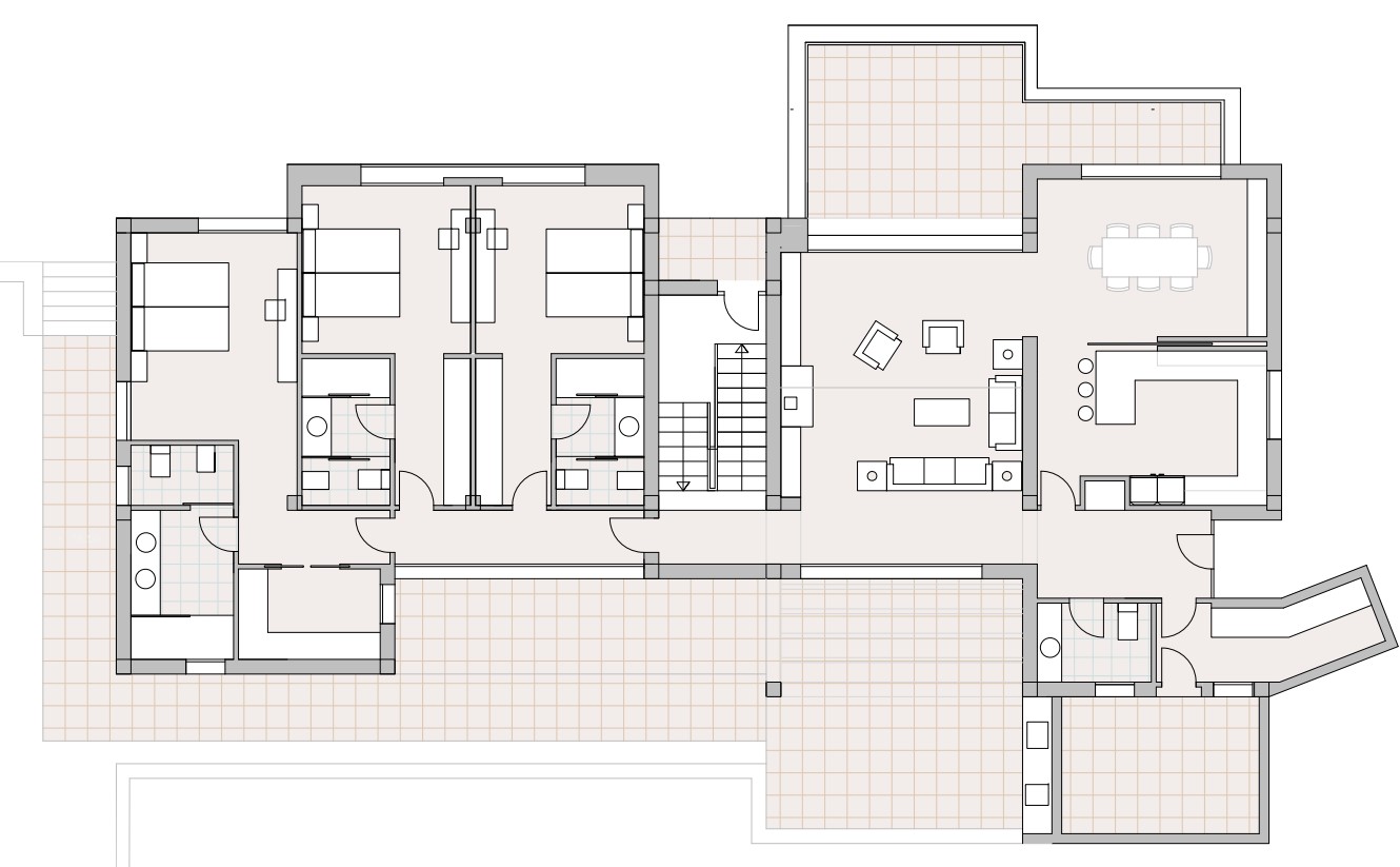 Gedetailleerde plattegrond van de begane grond met de open woon- en eetkamer, geïntegreerde keuken, drie slaapkamers met eigen badkamers en royale terrassen.