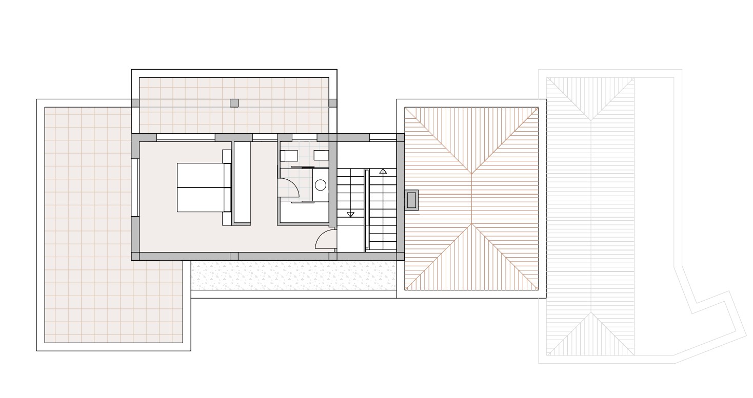 Gedetailleerde plattegrond van de bovenverdieping met de hoofdslaapkamer, en-suite badkamer, inloopkast en twee grote privéterrassen.