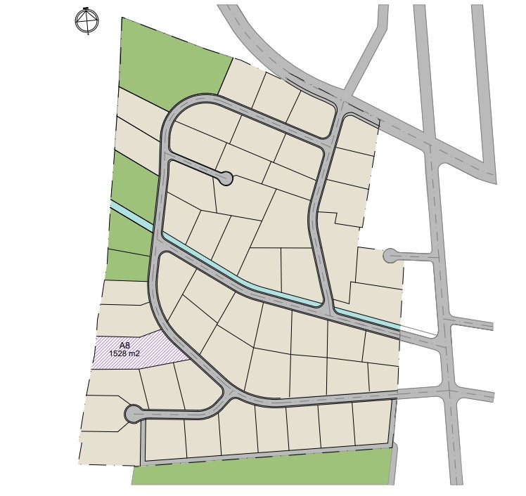 Situatieplan van perceel A8 met een oppervlakte van 1528 m2, gelegen in een residentiële verkaveling met toegangswegen en omliggende groenstroken.