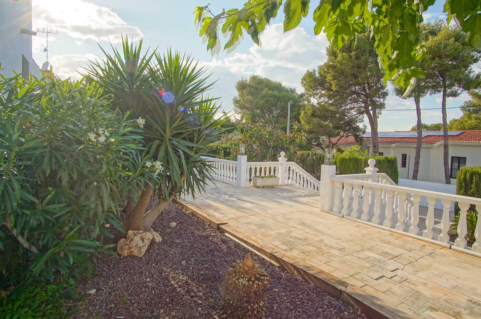 Buitenterras met witte balustrade en stenen bestrating, omgeven door een mediterrane tuin met yucca's en volwassen pijnbomen.