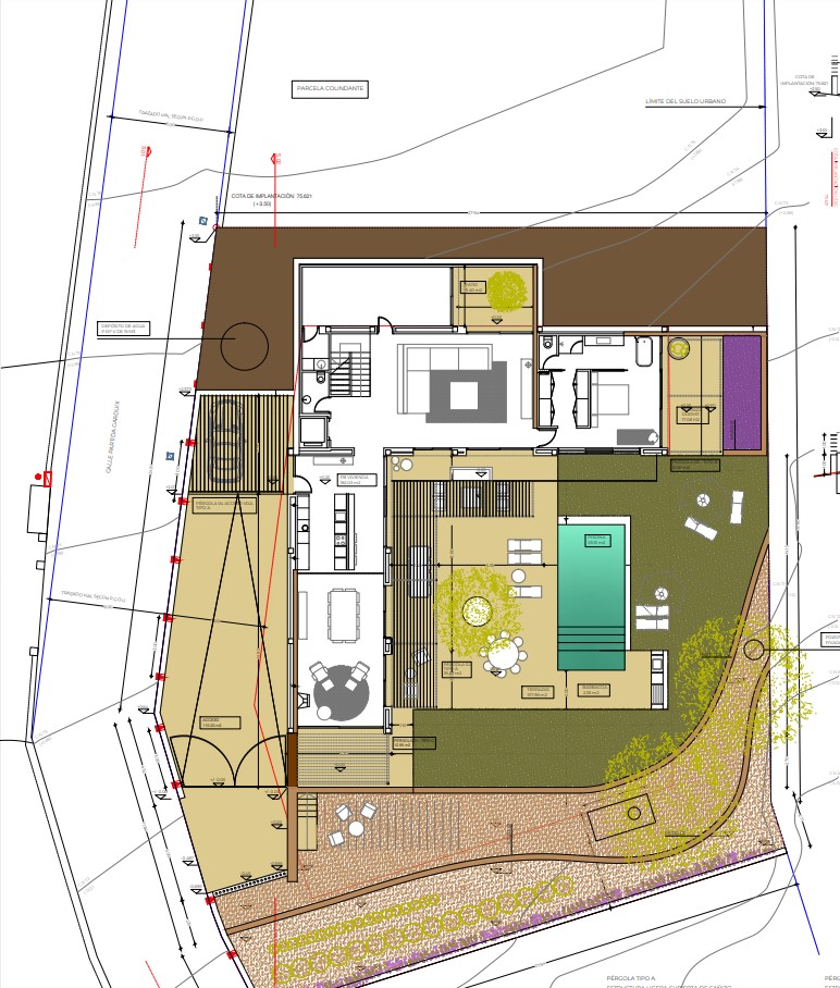 Architectonisch plan van villa met zwembad, terrassen en tuinen op een perceel van 1079 m2.