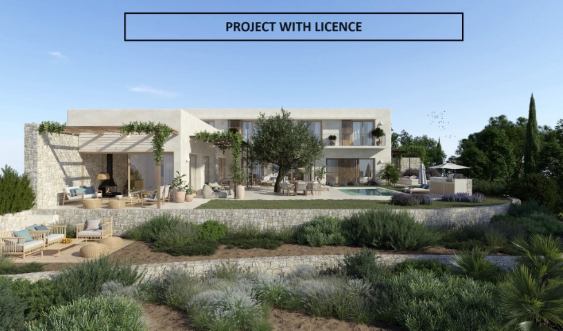 Buitenaanzicht van de villa met terrassen, zwembad en aflopende mediterrane tuinen.