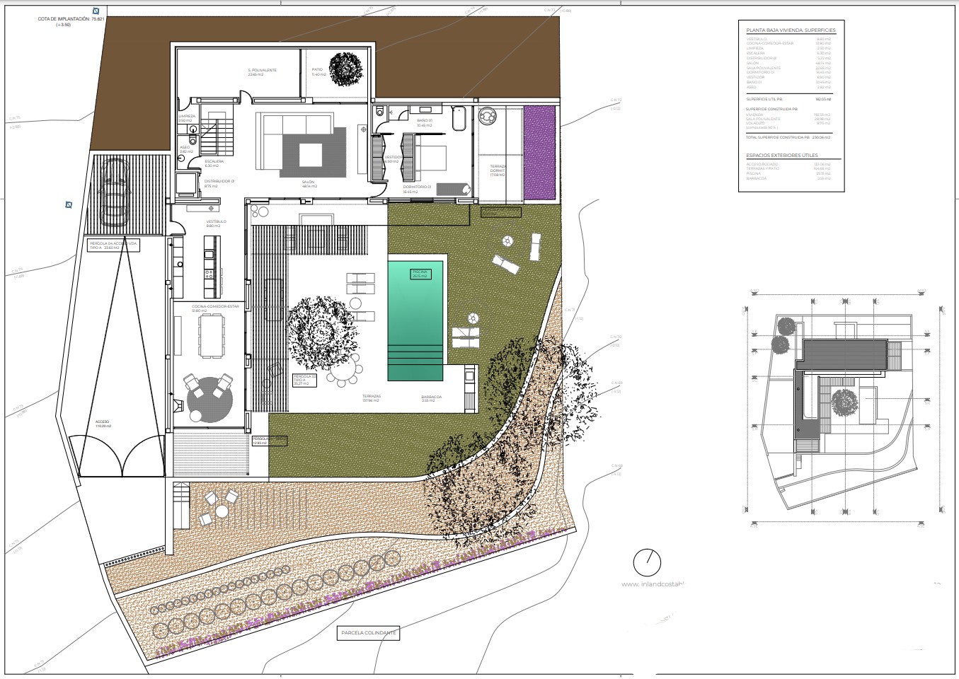 Gedetailleerd architectonisch plan van een villa met zwembad, terras en mediterrane tuin.