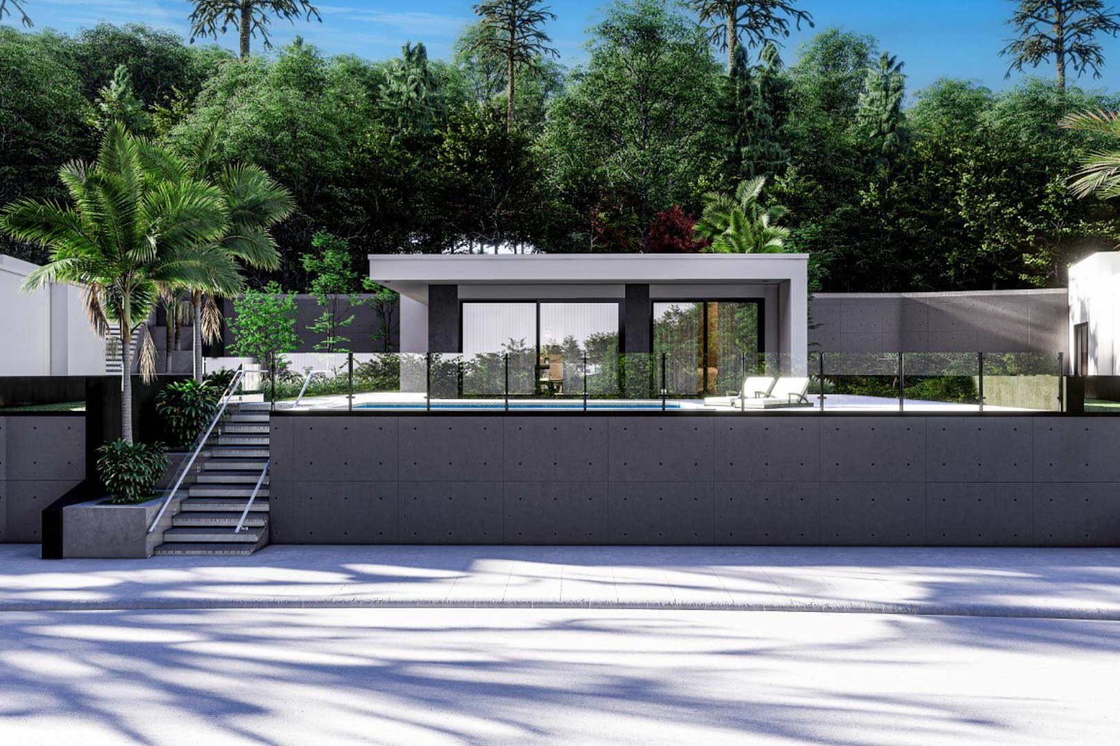 Buitenaanzicht van de moderne villa met wit-grijze gevel, een verhoogd zwembad met glazen balustrades en een strakke betonnen keermuur.