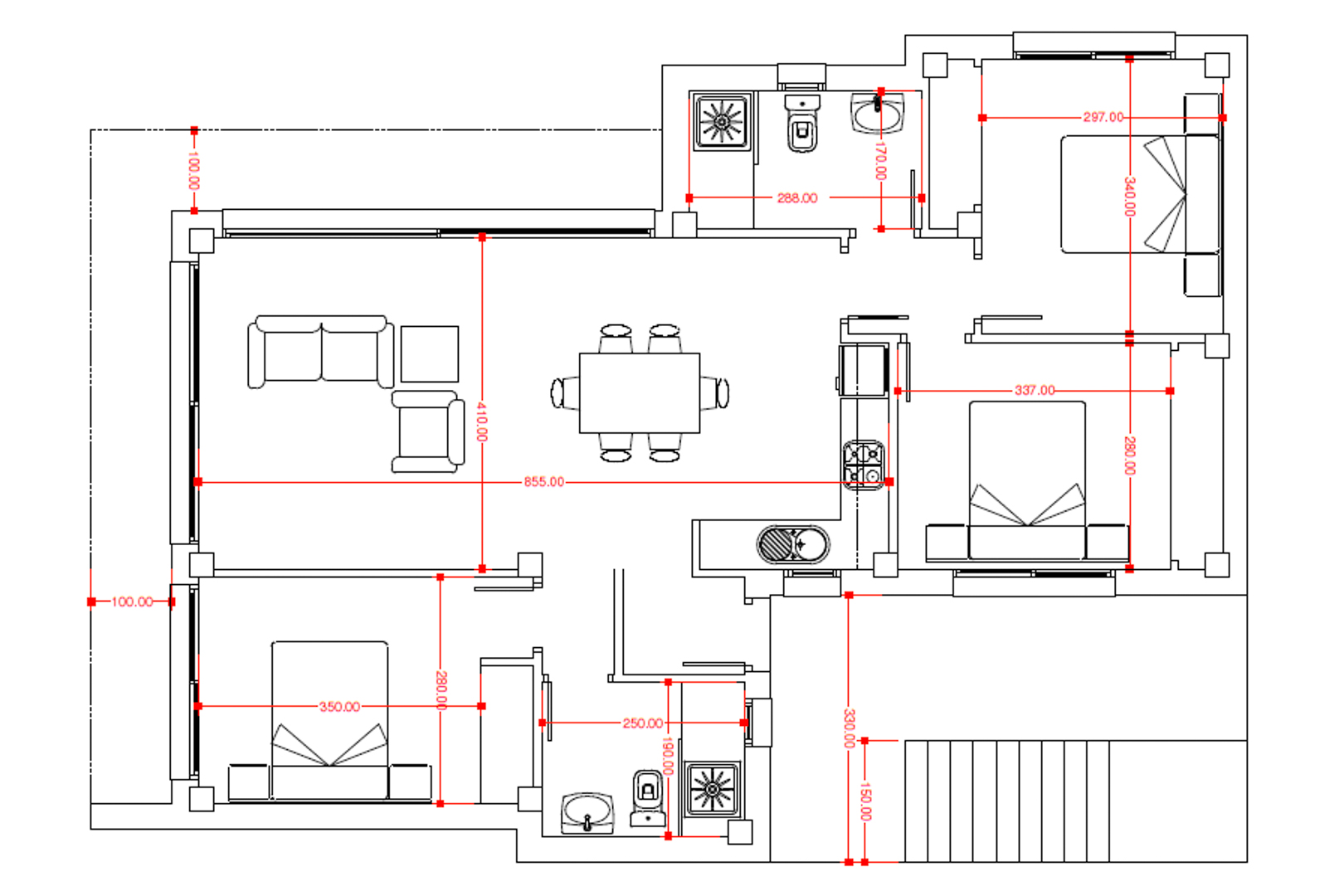 Gedetailleerde technische plattegrond van de villa met de indeling van drie slaapkamers, twee badkamers en een ruime open woon- en eetkamer met exacte afmetingen.