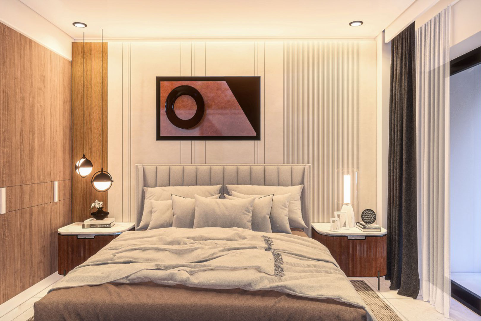 Hoofdslaapkamer met gestoffeerd hoofdbord, houten wandpanelen en een accentmuur met textuur. Voorzien van moderne hanglampen en nachtkastjes met marmeren bladen.