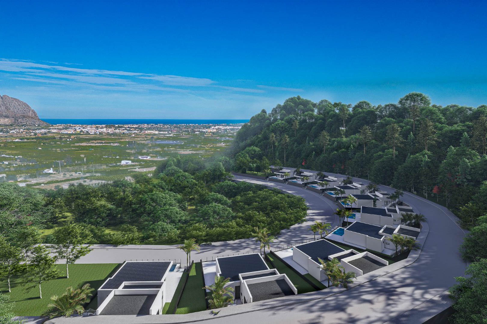 Luchtfoto van het moderne villacomplex in Monte Solana, met eigentijdse architectuur op een heuvel met panoramisch uitzicht over de vallei en de Middellandse Zee.
