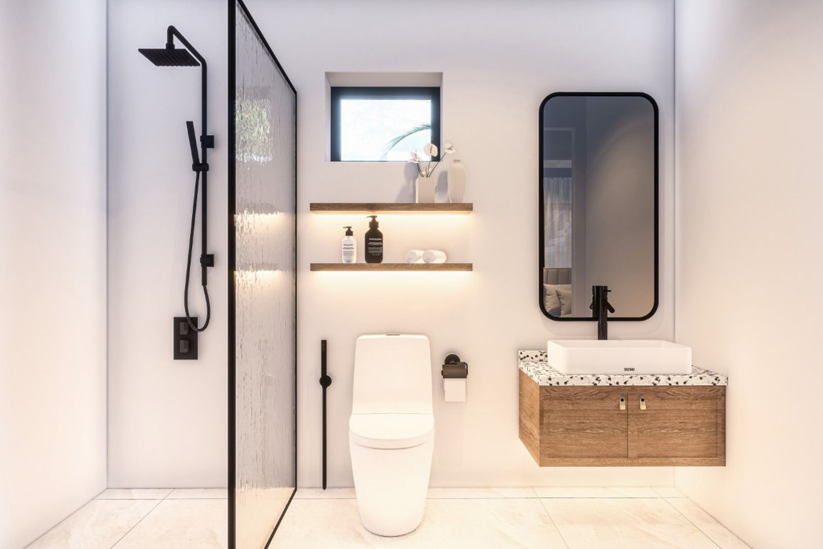 Moderne badkamer met inloopdouche, zwarte kranen, zwevend houten wastafelmeubel en subtiel verlichte wandplanken.