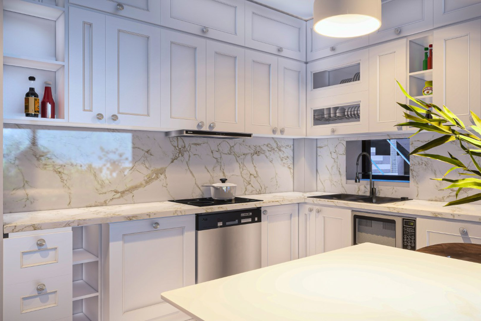 Moderne keuken met witte kasten, werkbladen van geaderd graniet en bijpassende achterwand. Voorzien van een zwarte spoelbak en geïntegreerde roestvrijstalen apparatuur.