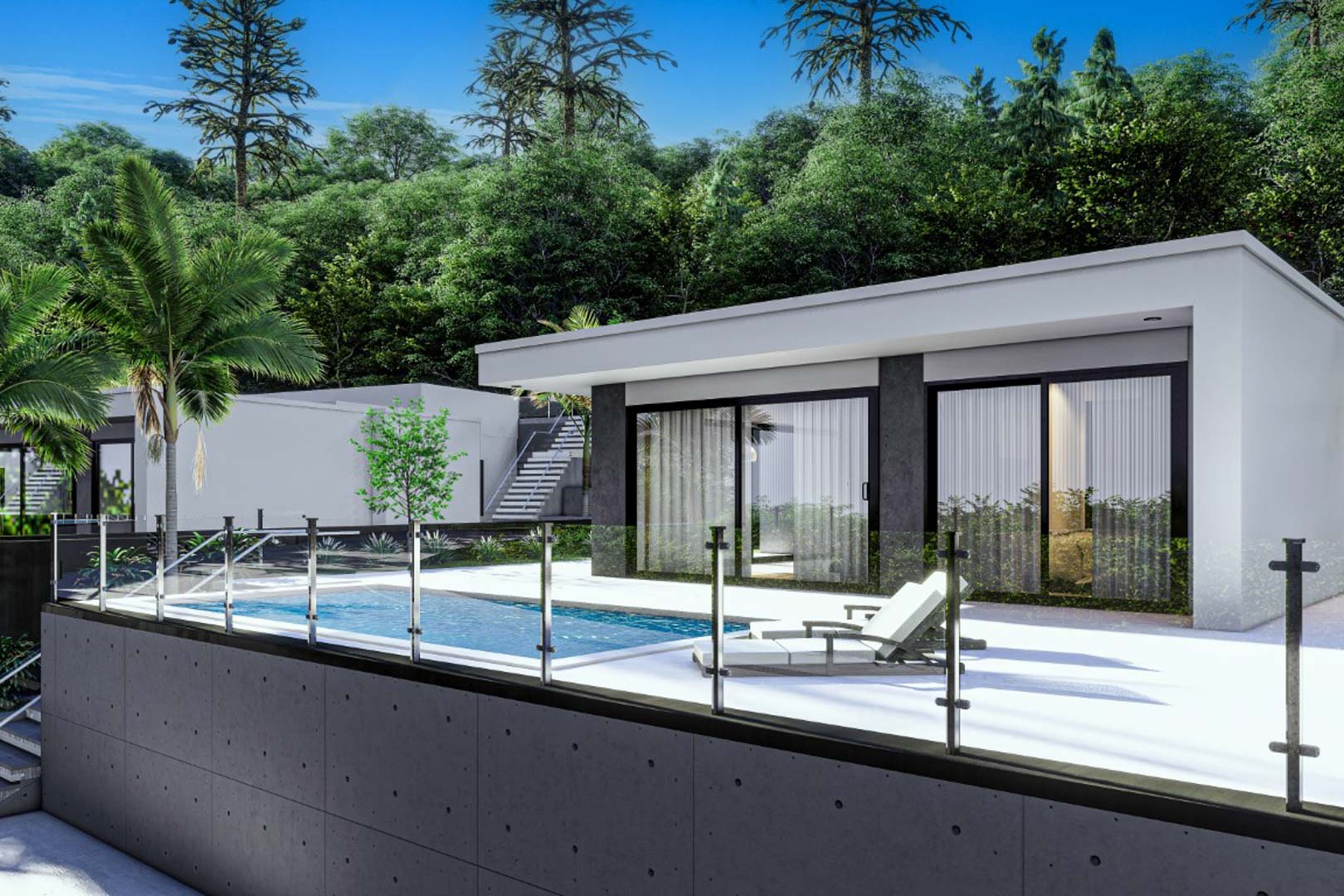 Moderne villa met grote glazen schuifdeuren, een wit terras met privézwembad en glazen balustrades, gelegen tegen een achtergrond van weelderige groene natuur.