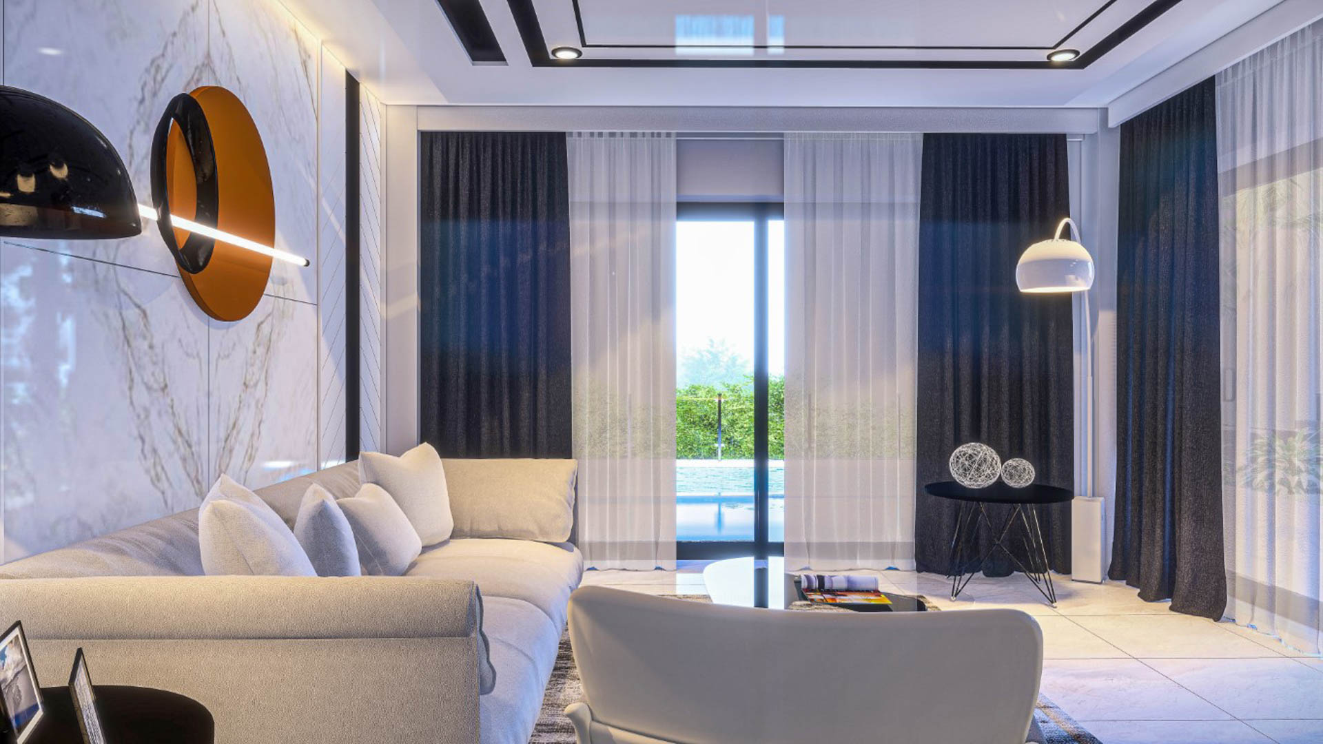 Moderne woonkamer met neutrale banken, een marmerlook accentmuur en kamerhoge glazen deuren die direct toegang bieden tot het zwembad en de tuin.