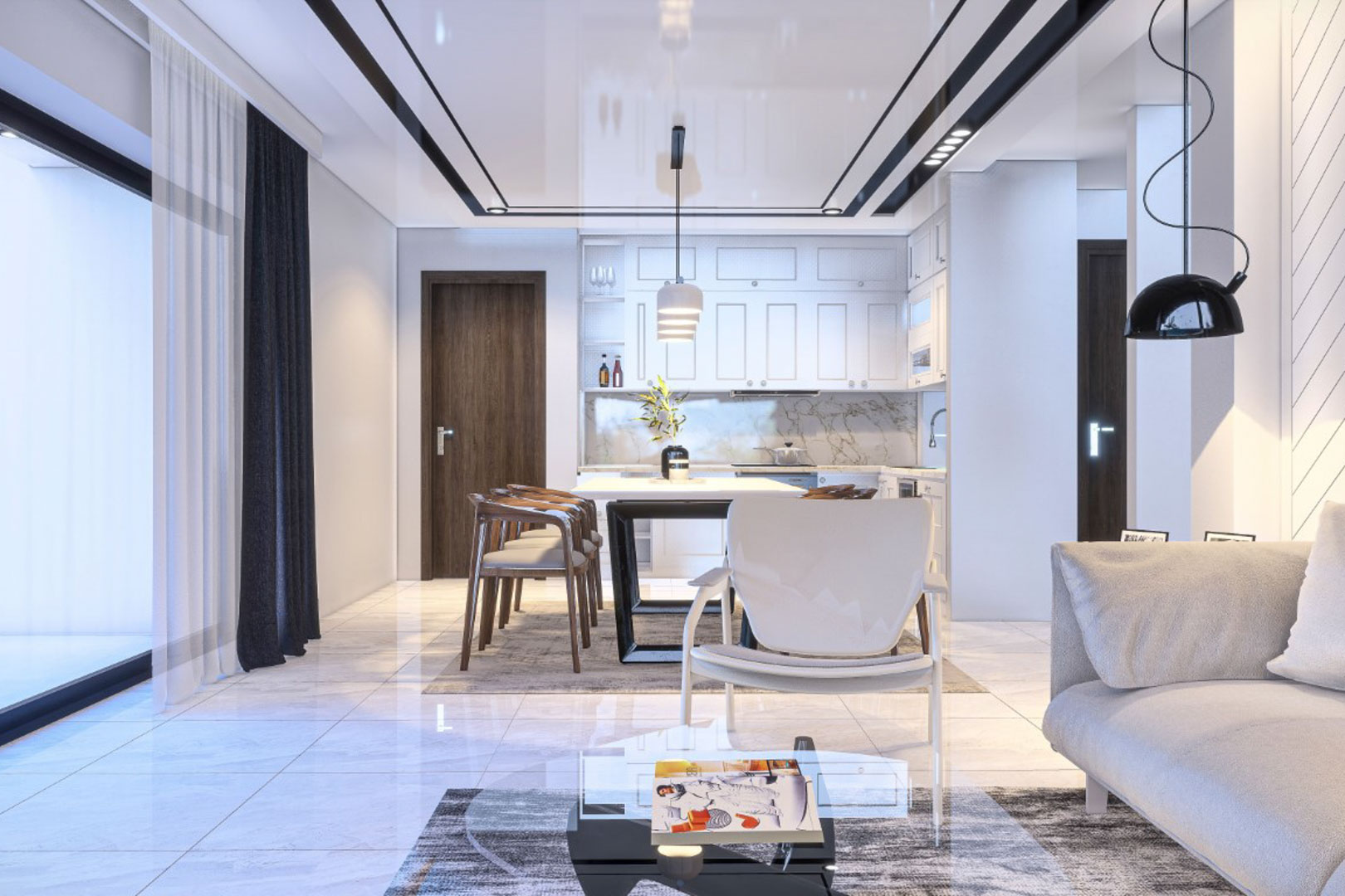 Open woon- en eetkamer met marmerlook vloertegels, een witte designkeuken en een strak plafond met geïntegreerde zwarte lichtrails en moderne hanglampen.
