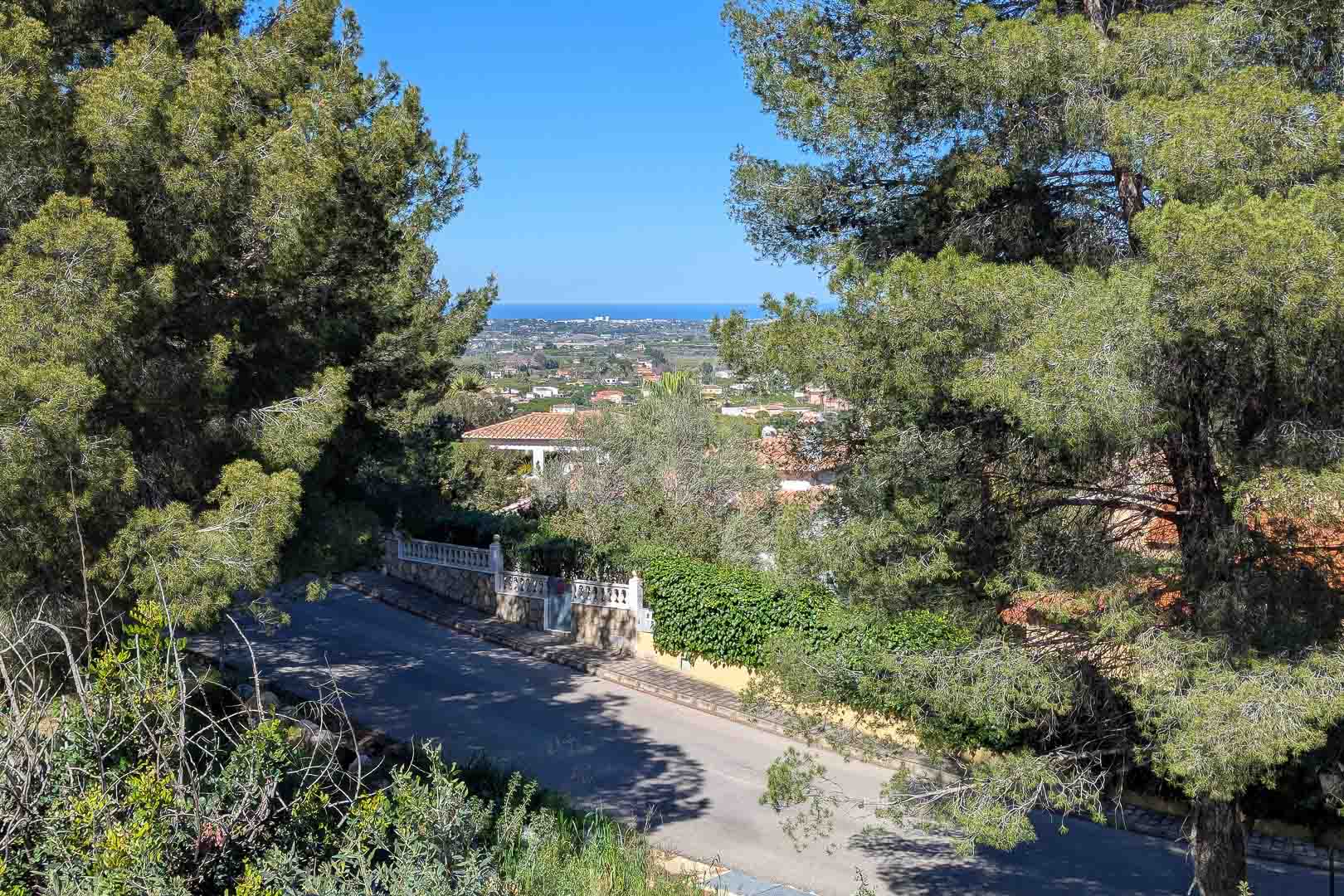 Panoramisch uitzicht op de kust vanaf Monte Solana, omlijst door pijnbomen, met zicht op de woonwijk en de Middellandse Zee aan de horizon.
