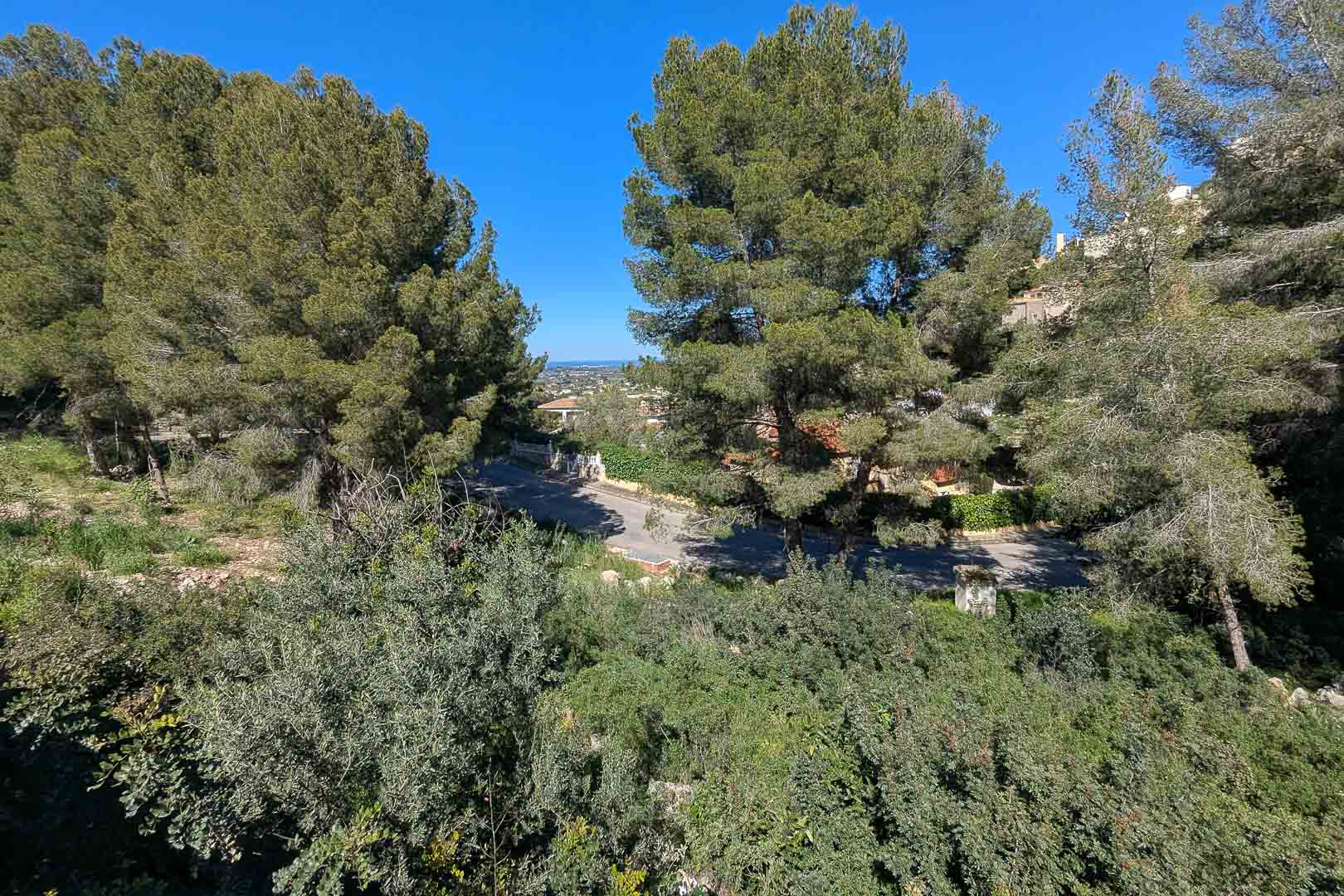 Verhoogd uitzicht vanaf het perceel op de bosrijke natuurlijke omgeving, de toegangsweg en een panoramisch zicht over de vallei met de zee aan de horizon.