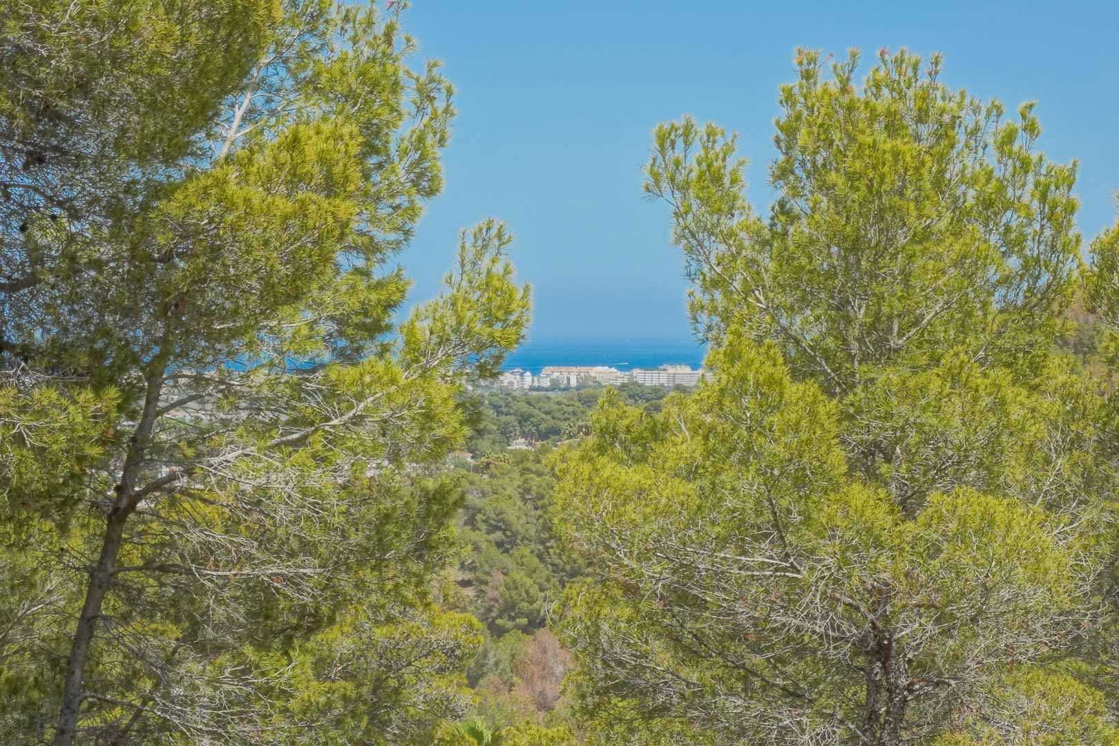 Panoramisch uitzicht op de Middellandse Zee en de kustplaats, omlijst door inheemse pijnbomen vanaf de verhoogde ligging van het bouwperceel.