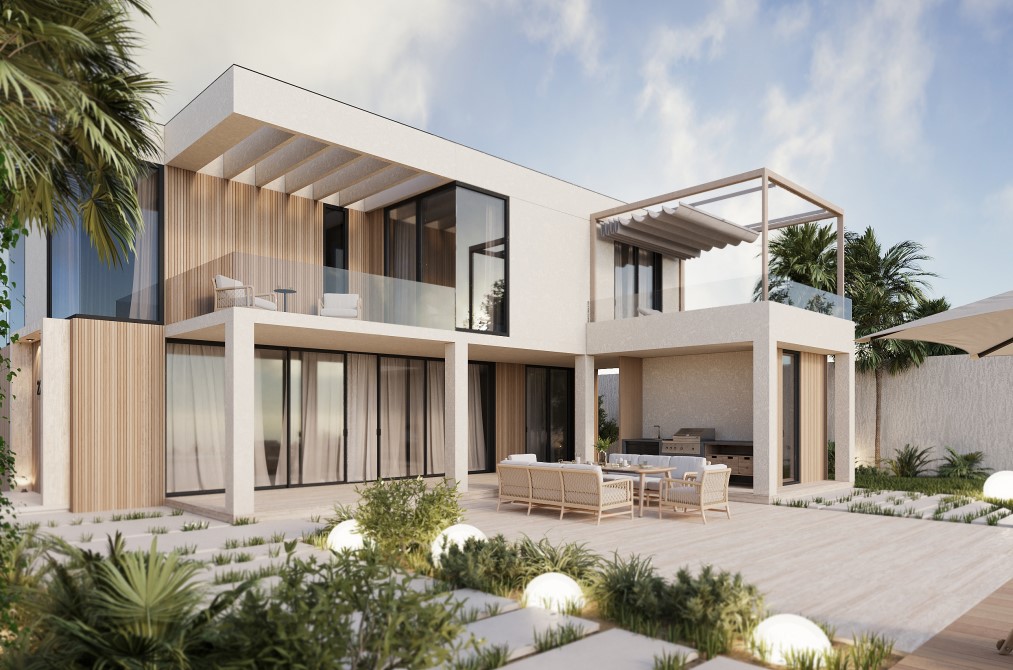 Modern exterieur met terras en aangelegde tuin met sfeerverlichting.