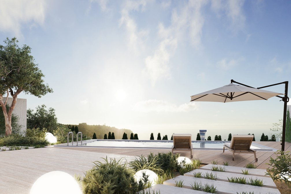 Zwembadzicht met ligstoelen en parasol, omgeven door mediterrane beplanting en sferische sfeerverlichting.