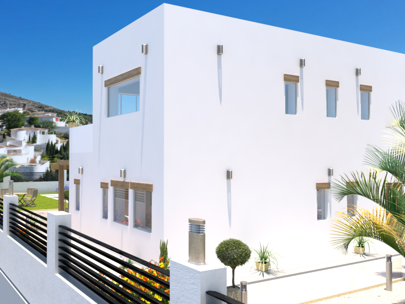 Buitenaanzicht van een moderne witte kubistische villa met rechthoekige ramen, houten details en een zwart lamellenhekwerk.