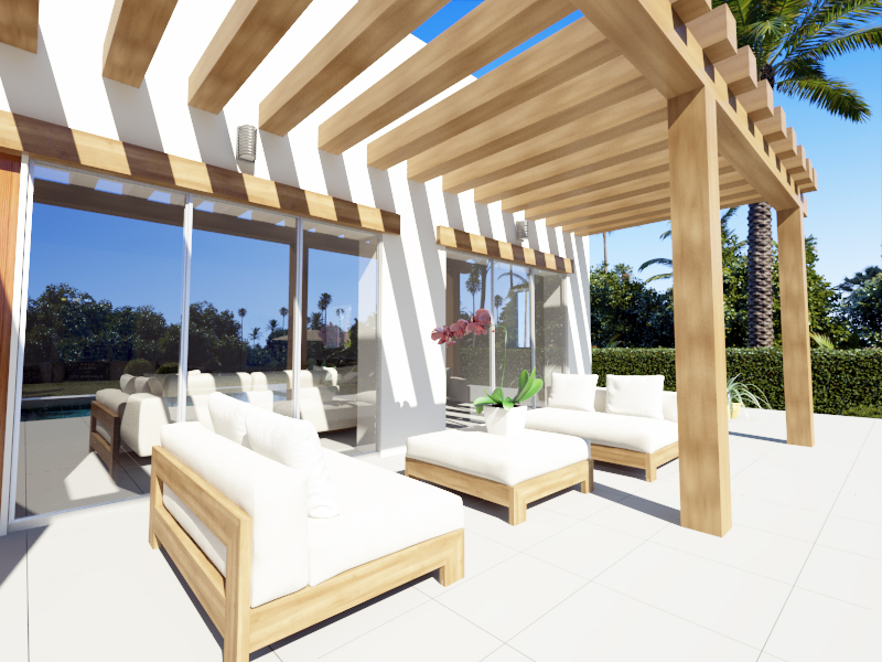 Buitenterras met een robuuste houten pergola, modern lounge-meubilair met witte kussens en grote glazen schuifdeuren die de tuin weerspiegelen.