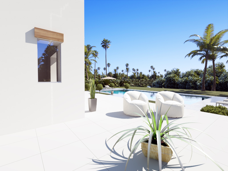 Buitenterras met witte tegels, moderne loungestoelen bij het zwembad en een aangelegde mediterrane tuin met hoge palmbomen.