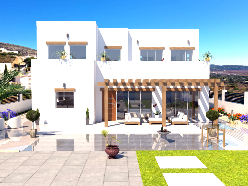 Exterieur impressie van een moderne witte villa met twee verdiepingen, houten pergola, ruim betegeld terras en vrij uitzicht over de vallei.